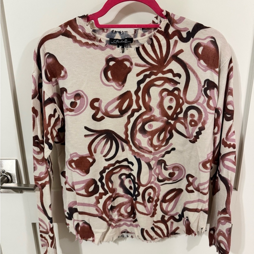 CHARLIE B Cream Sweatshirt with Pink and Brown Abstract Motif